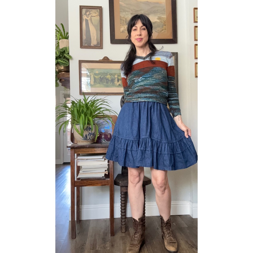 Vintage 70s Anne Gelb for Leo's Co. Tiered Ruffle Denim Western Prairie Skirt - Picture 5 of 8